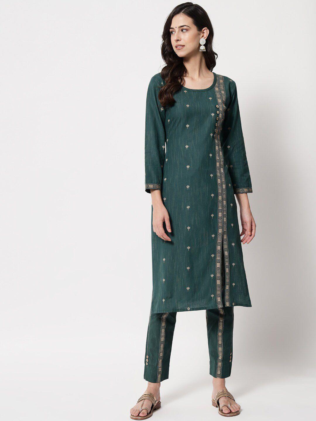 tibra collection women green floral printed pure cotton kurta with trousers