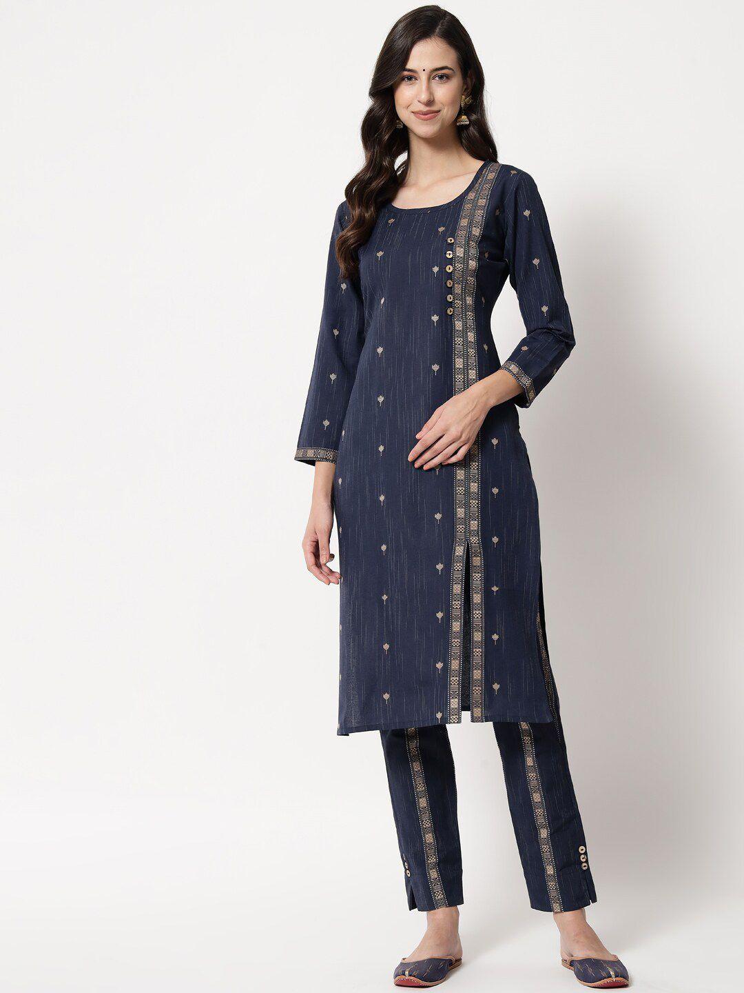 tibra collection women navy blue floral printed pure cotton kurta with trousers