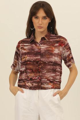 tie & dye collared modal women's casual wear shirt - brown
