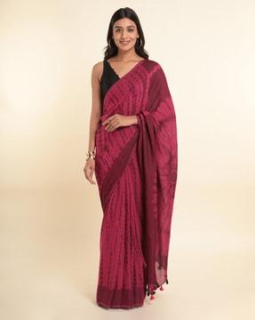 tie & dye cotton blend saree with tassels