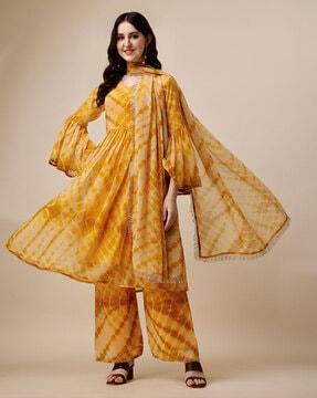 tie & dye flared kurta set with dupatta