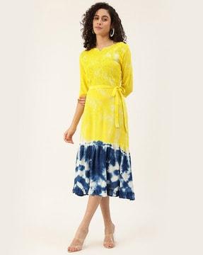 tie & dye print a-line dress with notched neckline