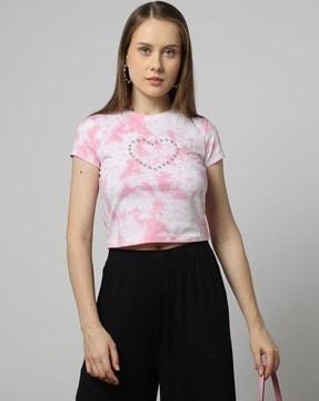 tie & dye print crew-neck crop t-shirt