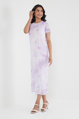 tie & dye round neck cotton women's ankle length dress - lavender