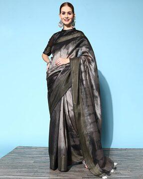 tie & dye saree with contrast border & tassels