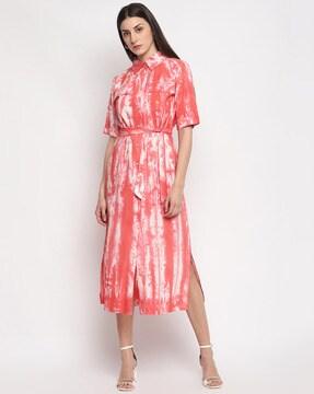 tie & dye shirt dress with waist tie-up