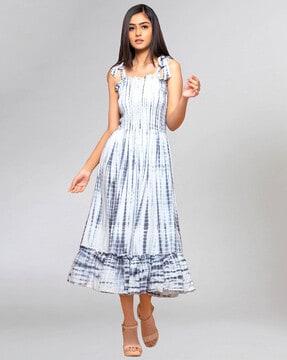 tie & dye smocked a-line midi dress