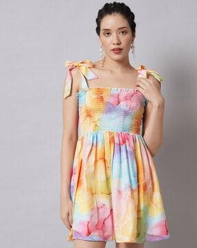 tie & dye smocked fit and flare dress