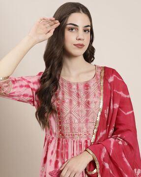 tie & dye straight kurta with pants & dupatta