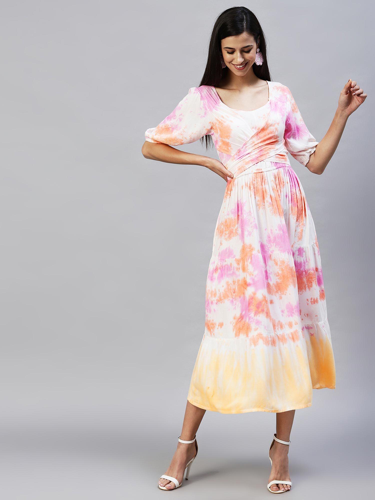 tie- dyed tiered flared midi dress - multi