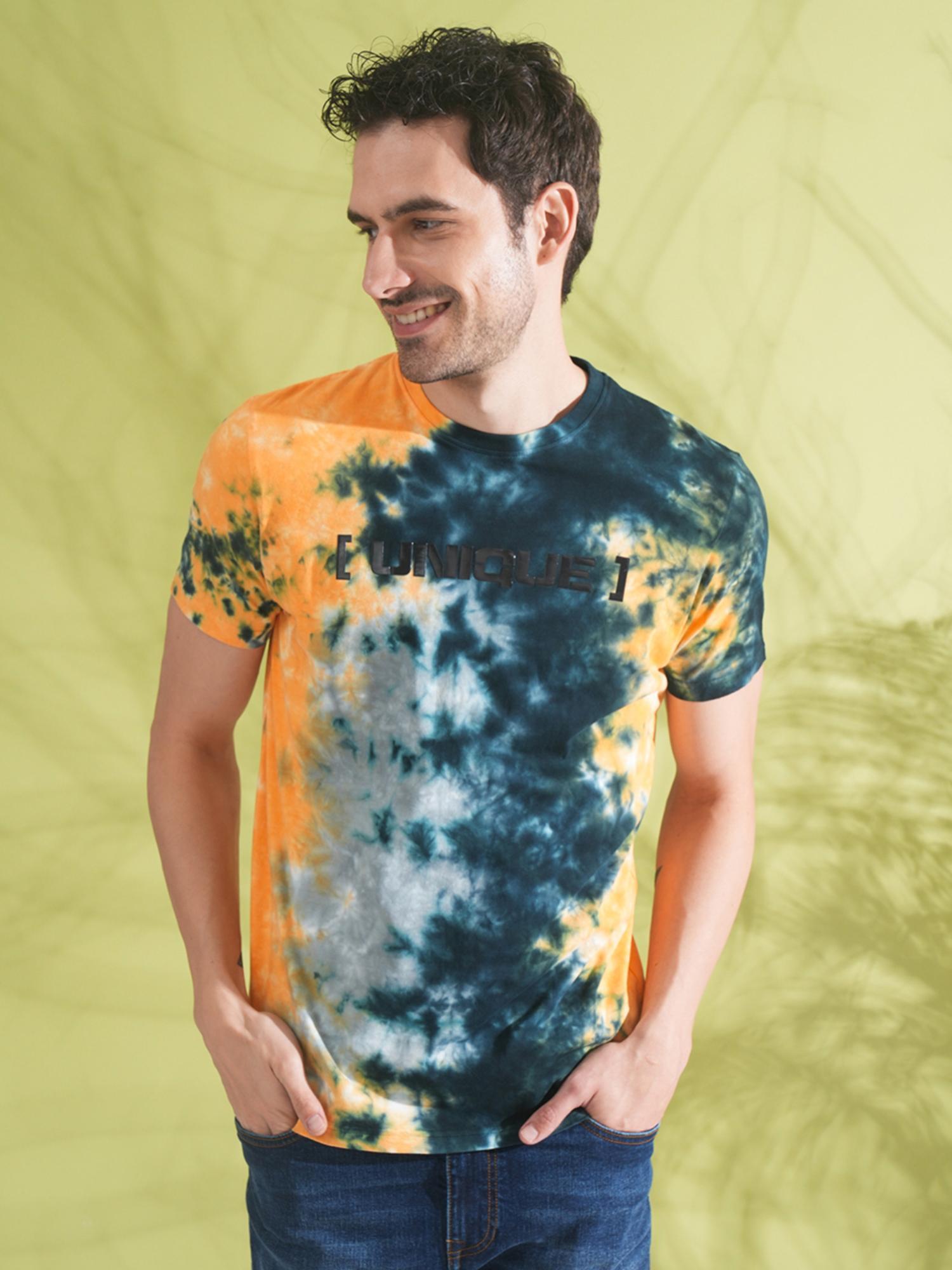 tie dye asymetric t-shirt with chest print in yellow