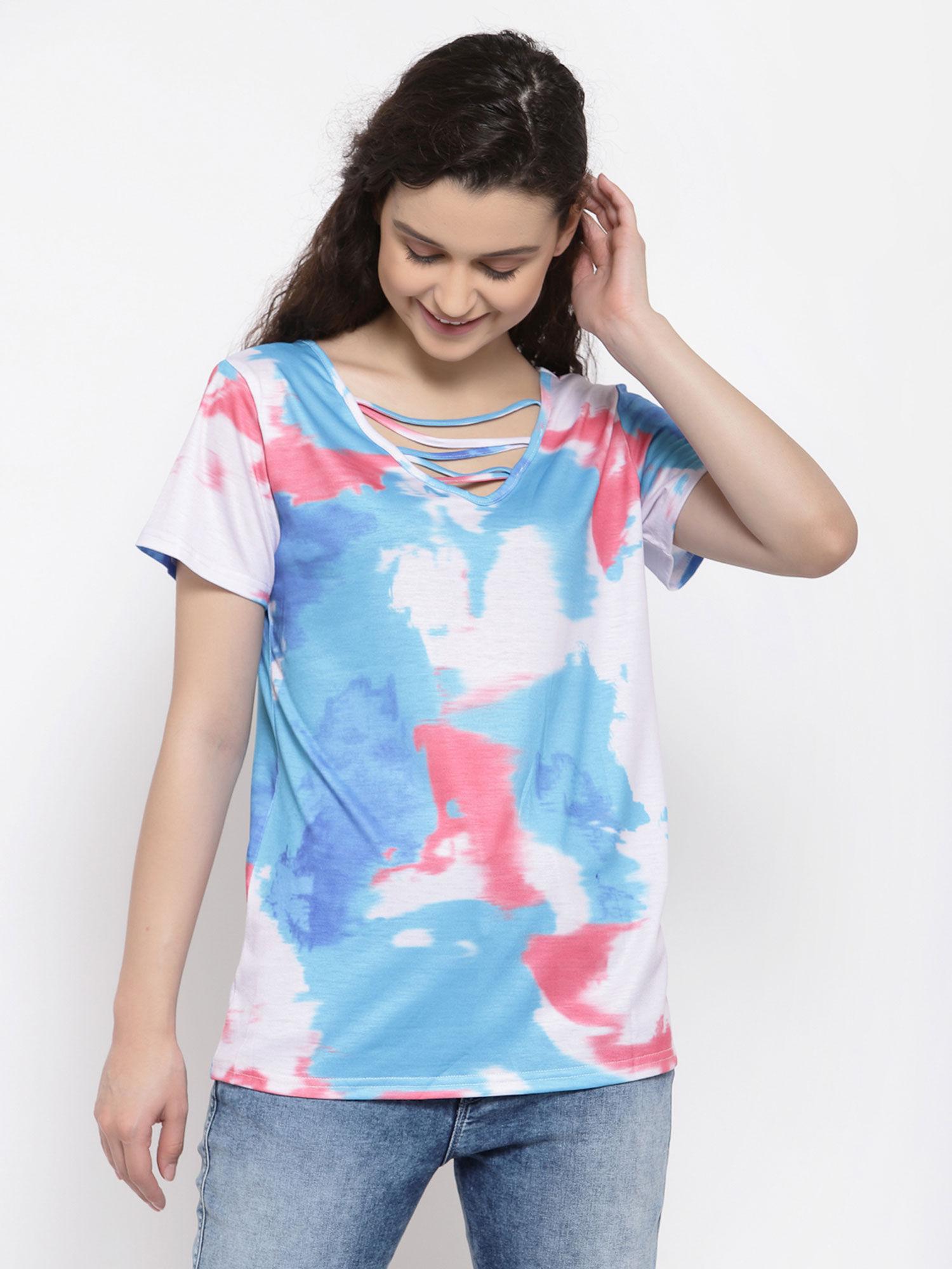 tie dye criss cross short sleeve top