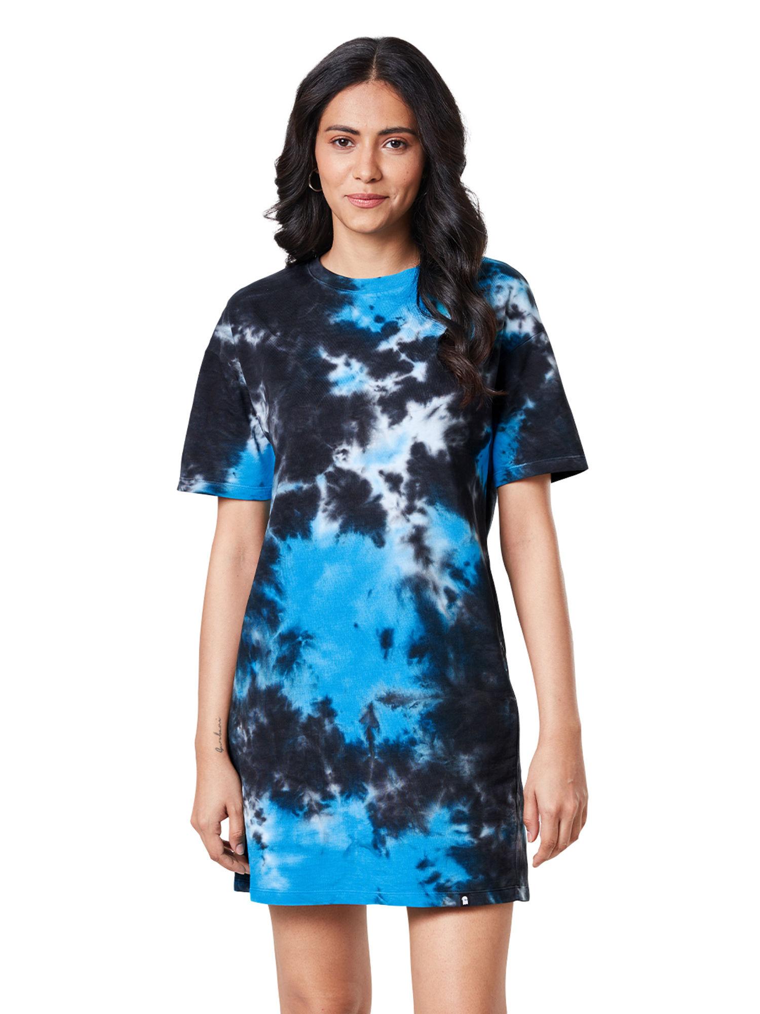 tie dye electric black oversized t-shirt dresses for womens