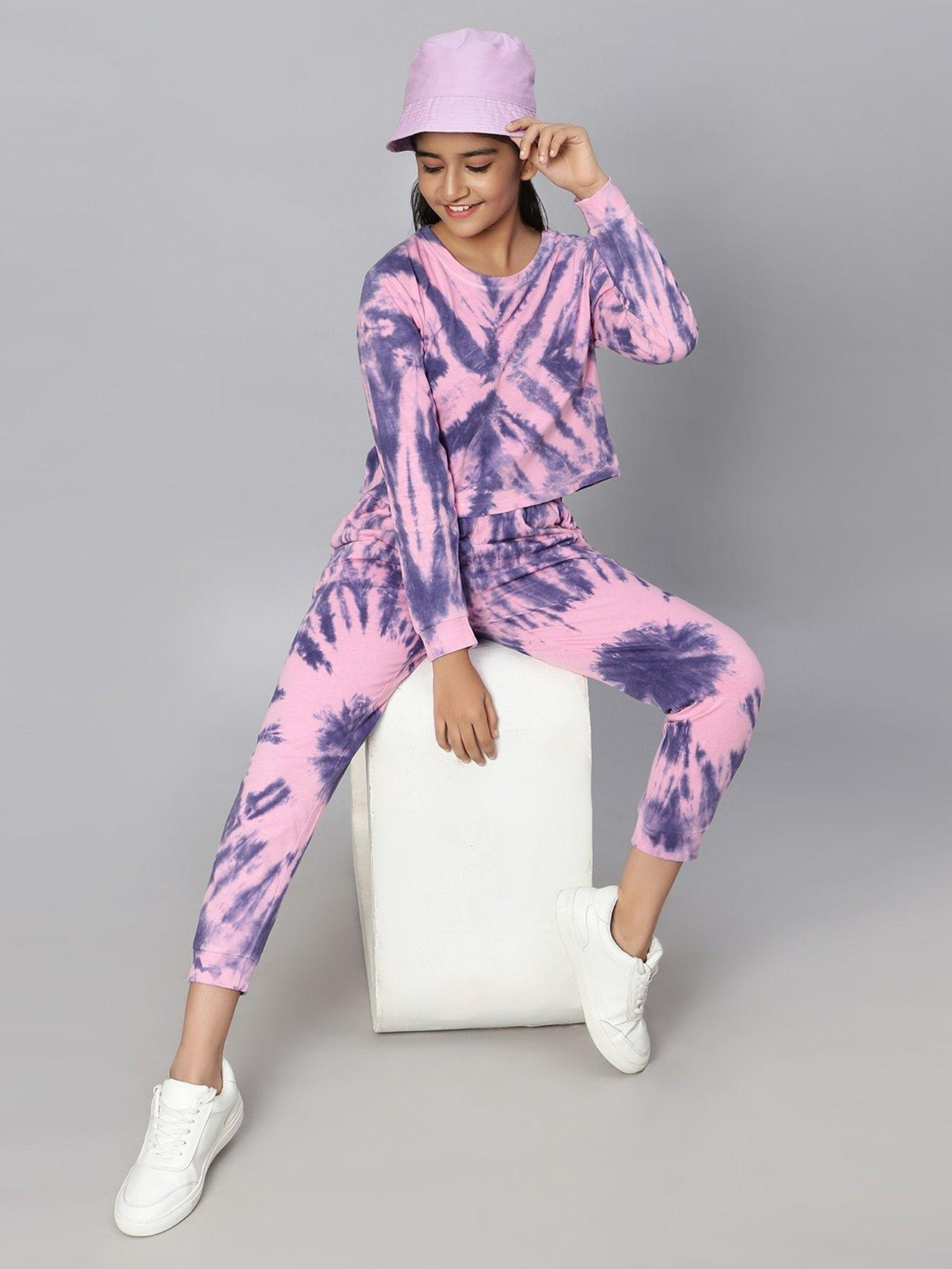 tie dye full sleeve top and joggers co-ord - pink & purple (set of 2)