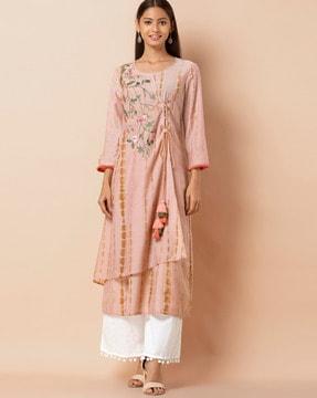 tie-dye print layered a-line kurta with embroidery