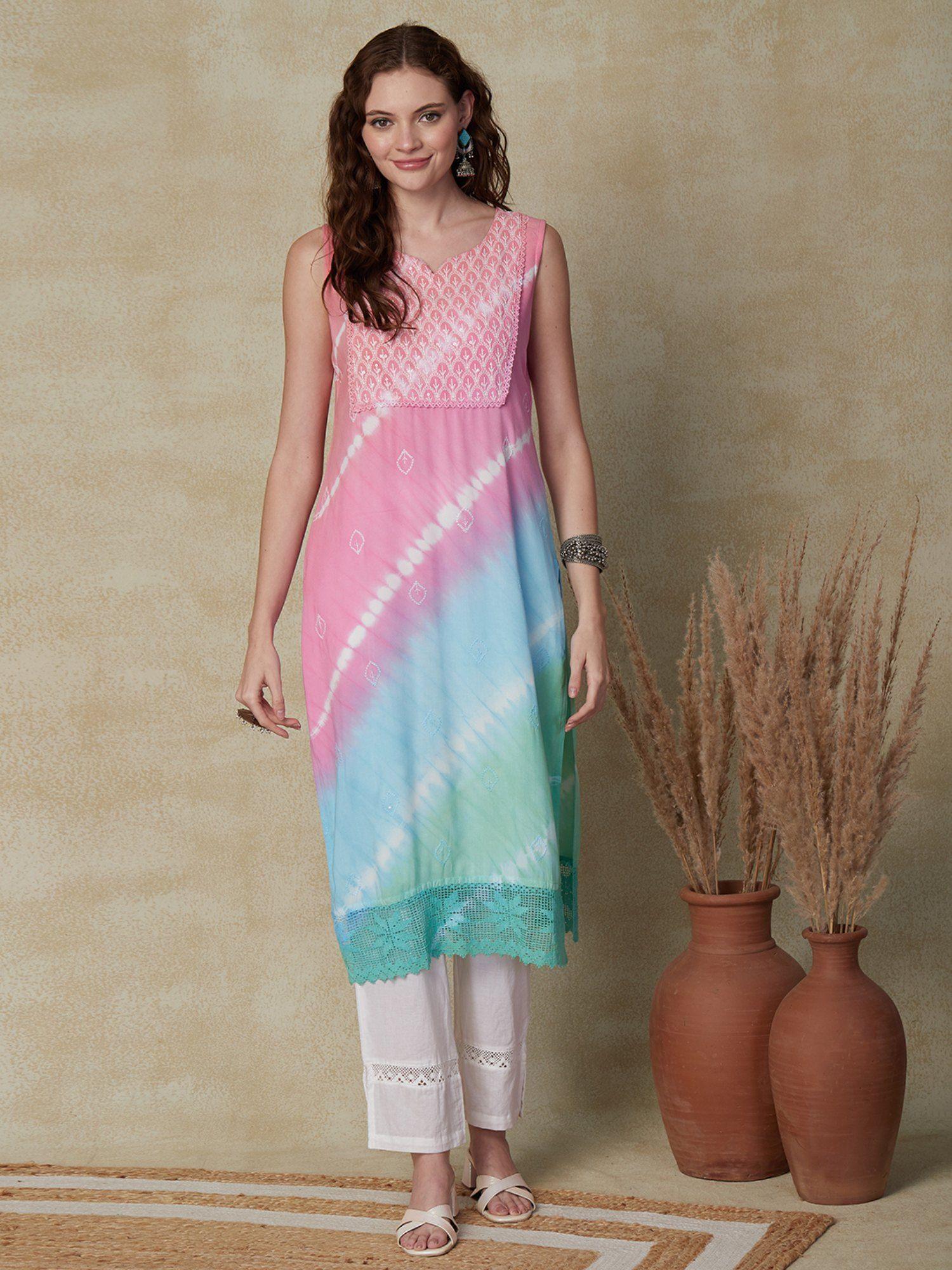 tie-dyed, embroidered crochet lace kurta - multi