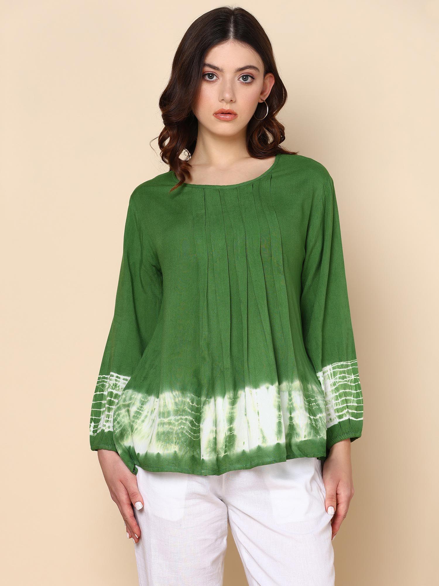 tie dyed green staple rayon pleated top