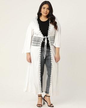 tie-front shrug with pointelle-knit