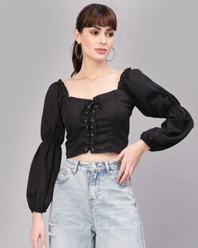 tie-front crop top with tiered sleeves