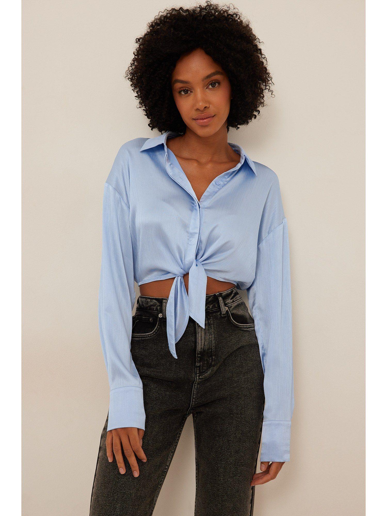 tie front satin ls blouse light blue