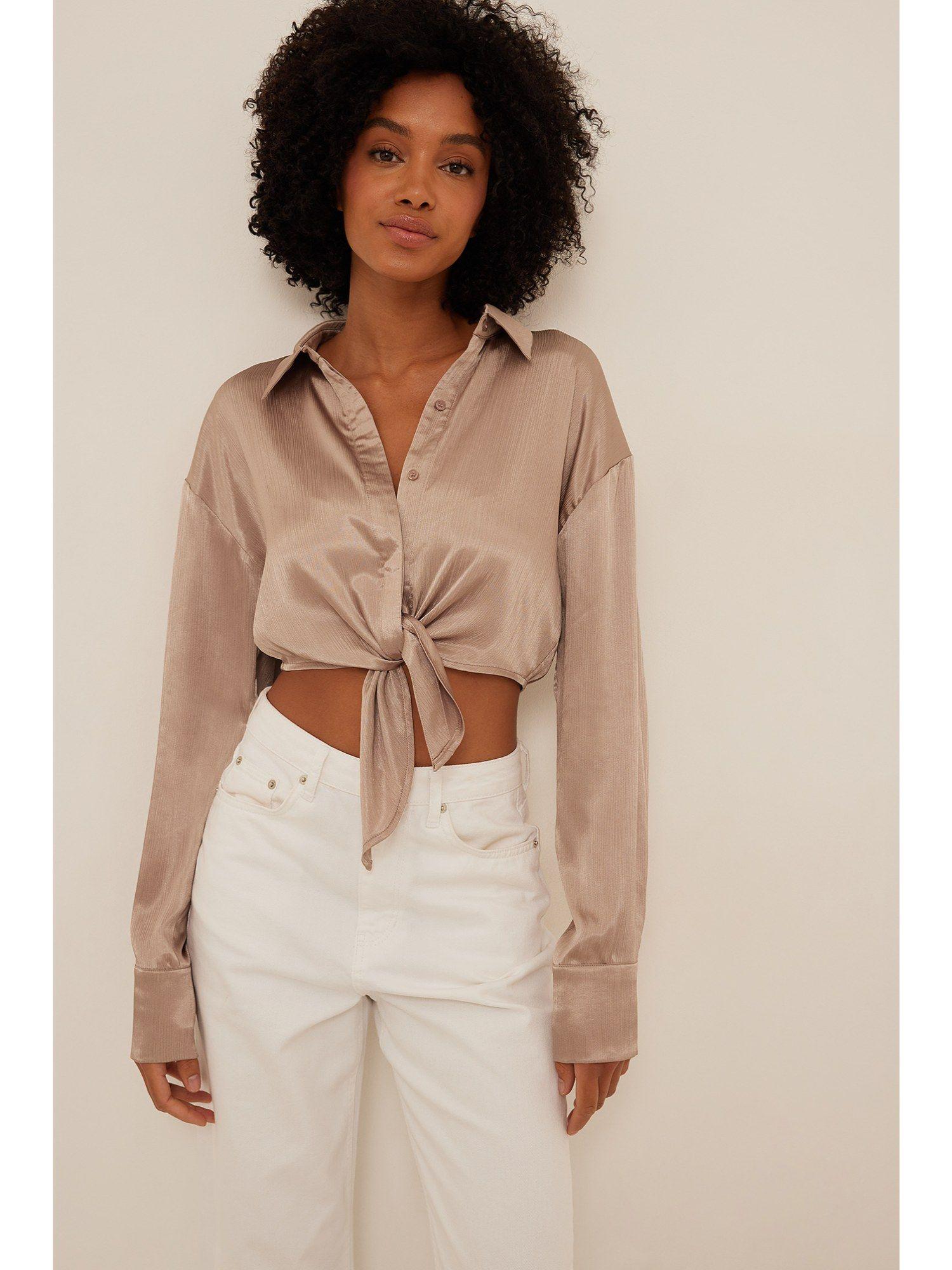 tie front satin ls blouse taupe