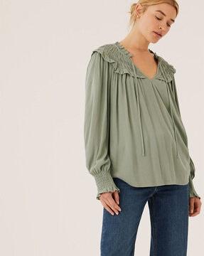 tie neck smocked long-sleeve blouse top