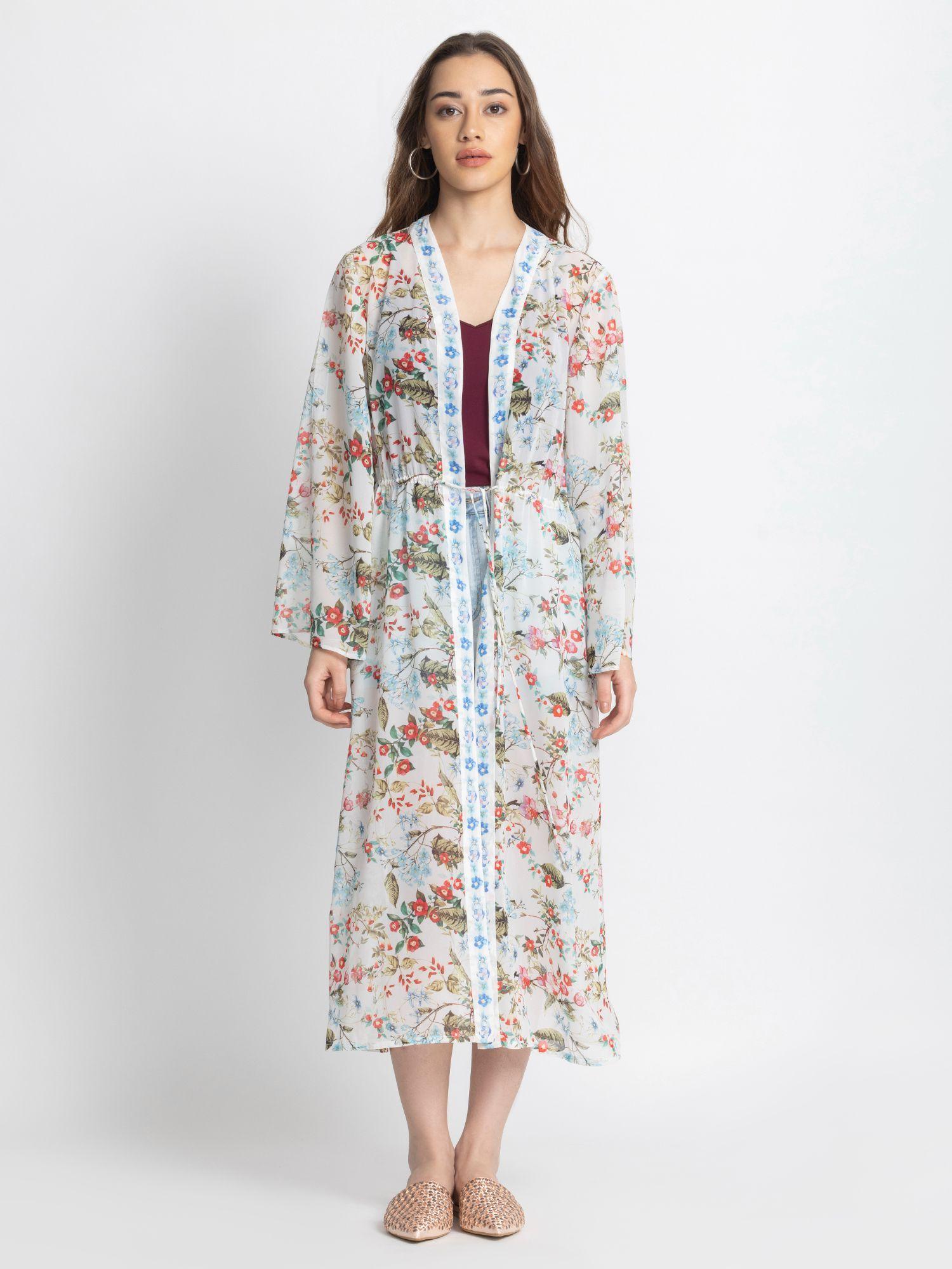 tie-up white and blue floral printed long sleeves casual shrug for women