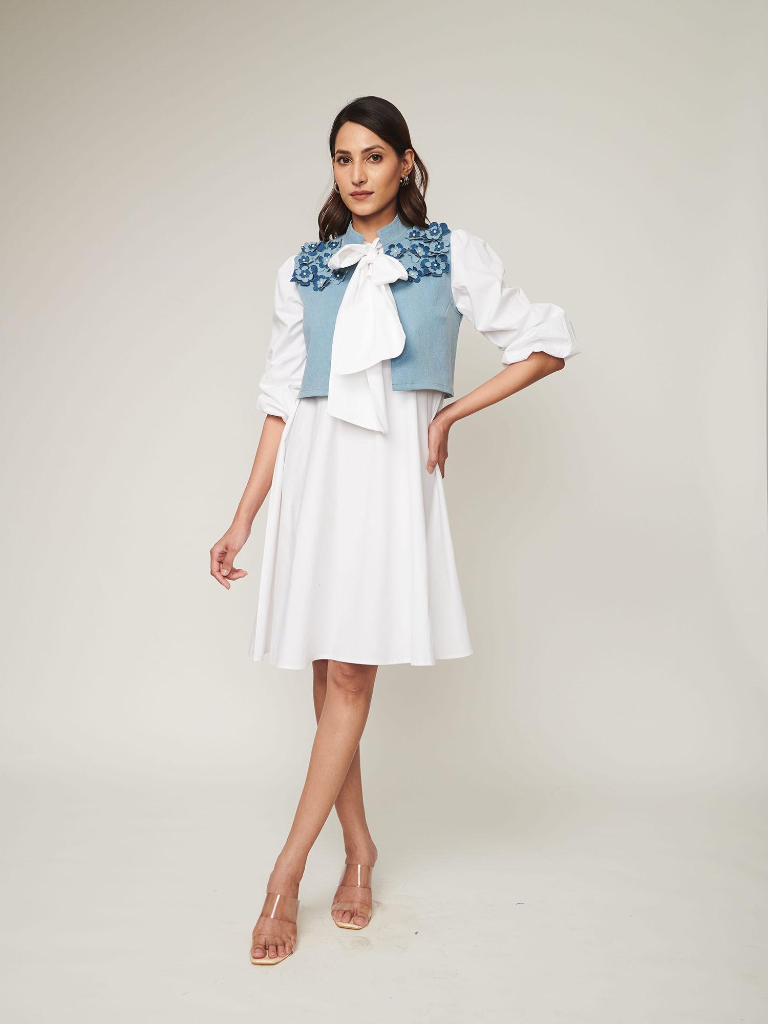 tie up cotton dress with denim jacket (set of 2)