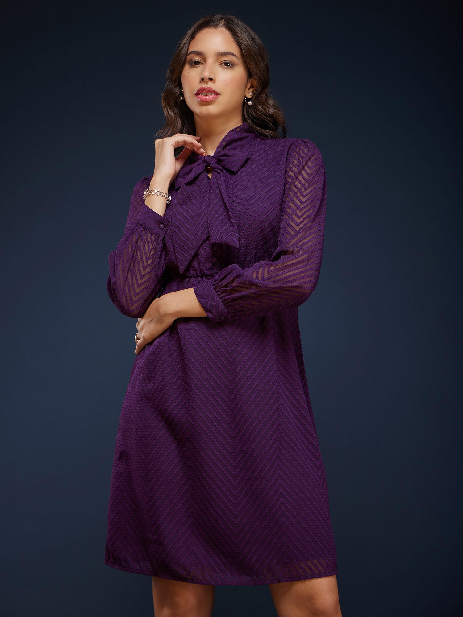 tie-up neck flared dress - purple