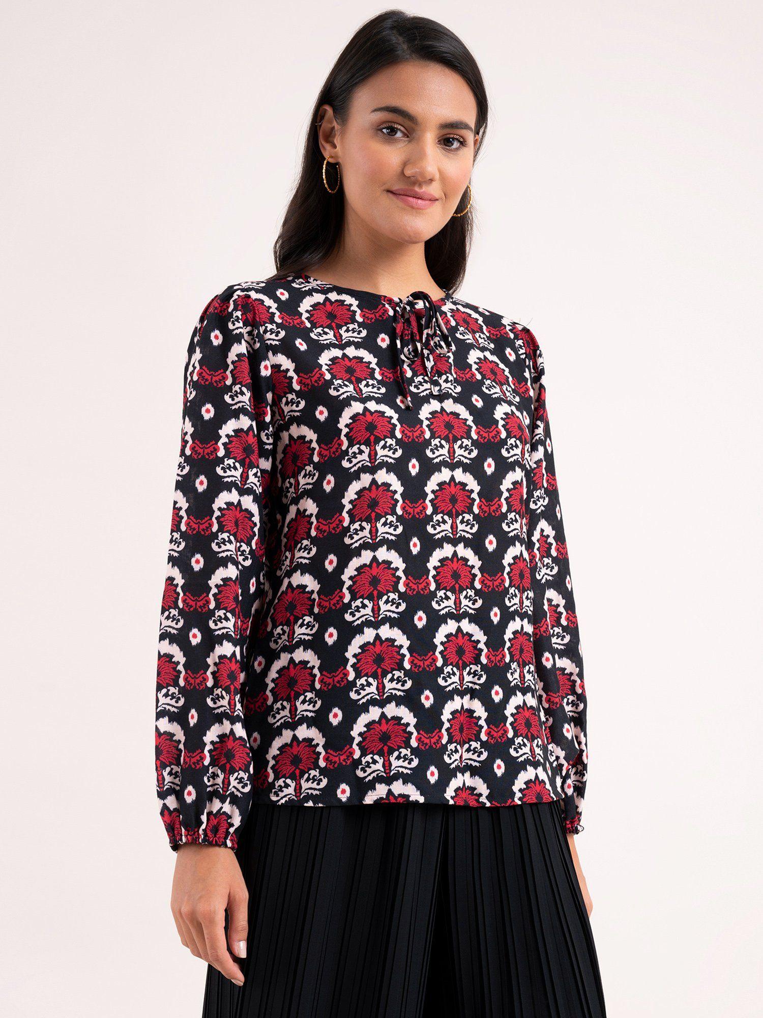 tie up neck floral top black