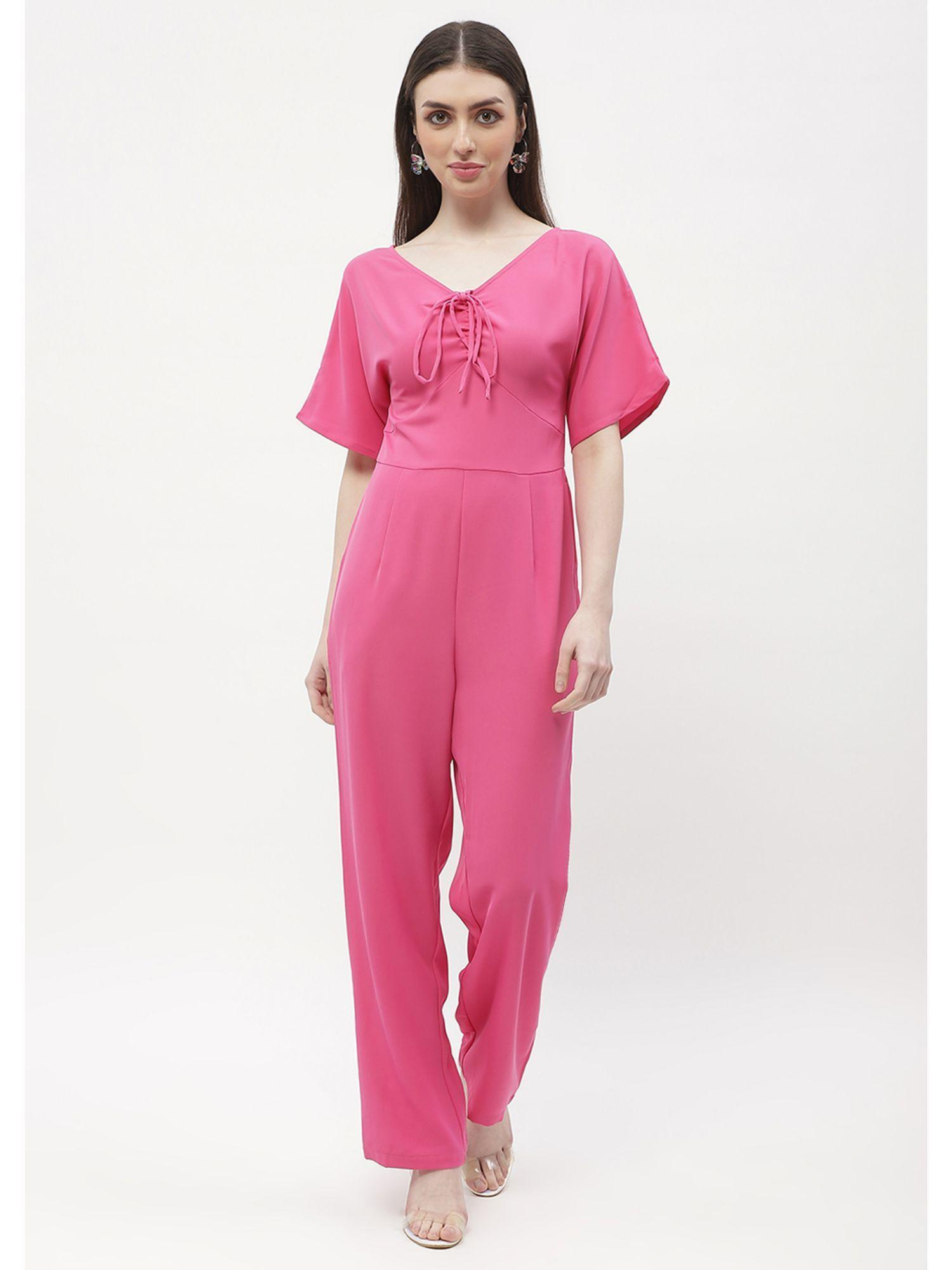 tie-up neck hot pink trumpet sleeve jumpsuit