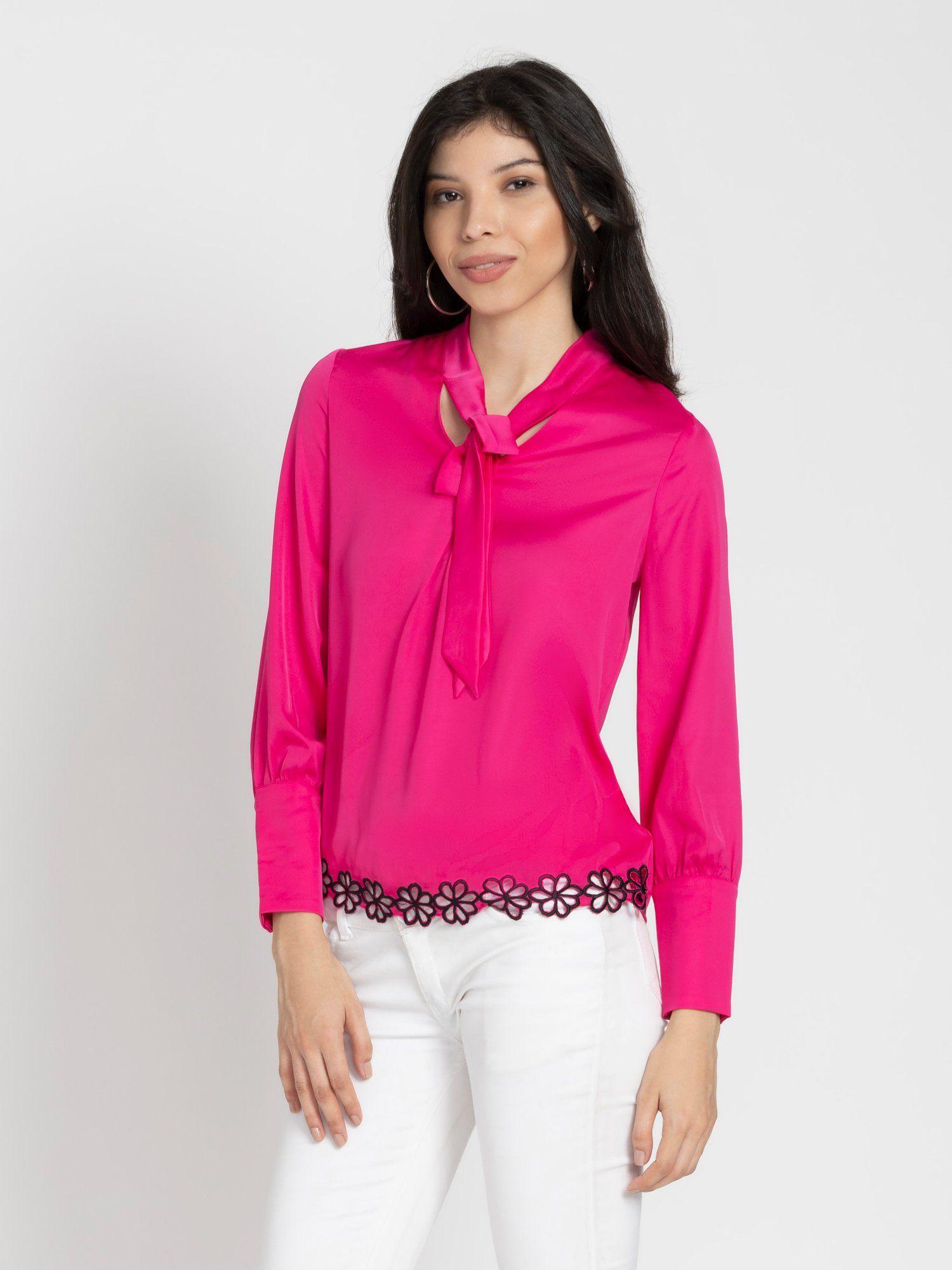 tie up neck pink solid long sleeves casual tops for women