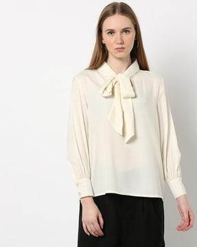 tie-up neck top with cuffed sleeves