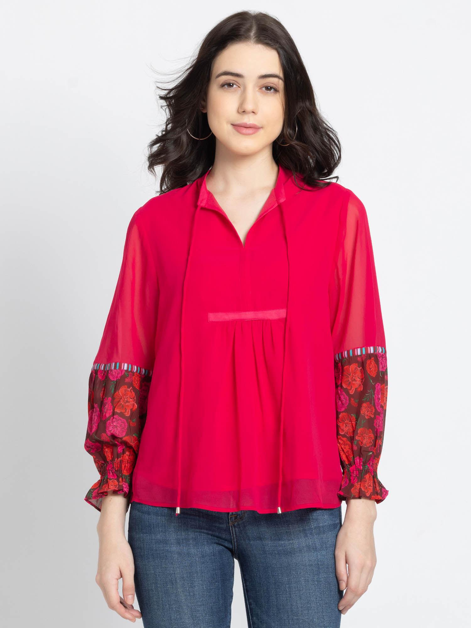 tie-up pink floral print full sleeves casual tops for women