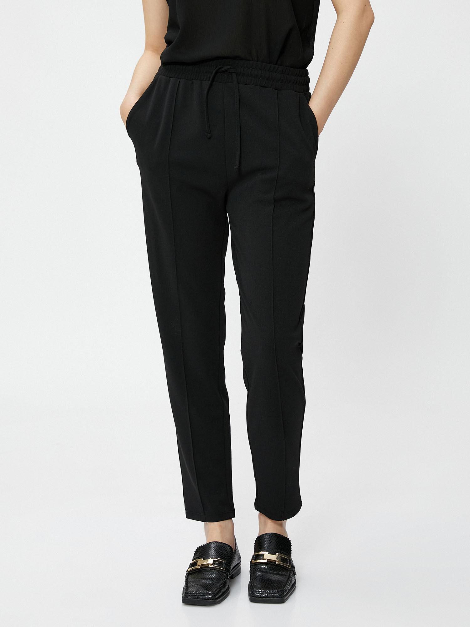 tie waist trousers ribbed ankle leg