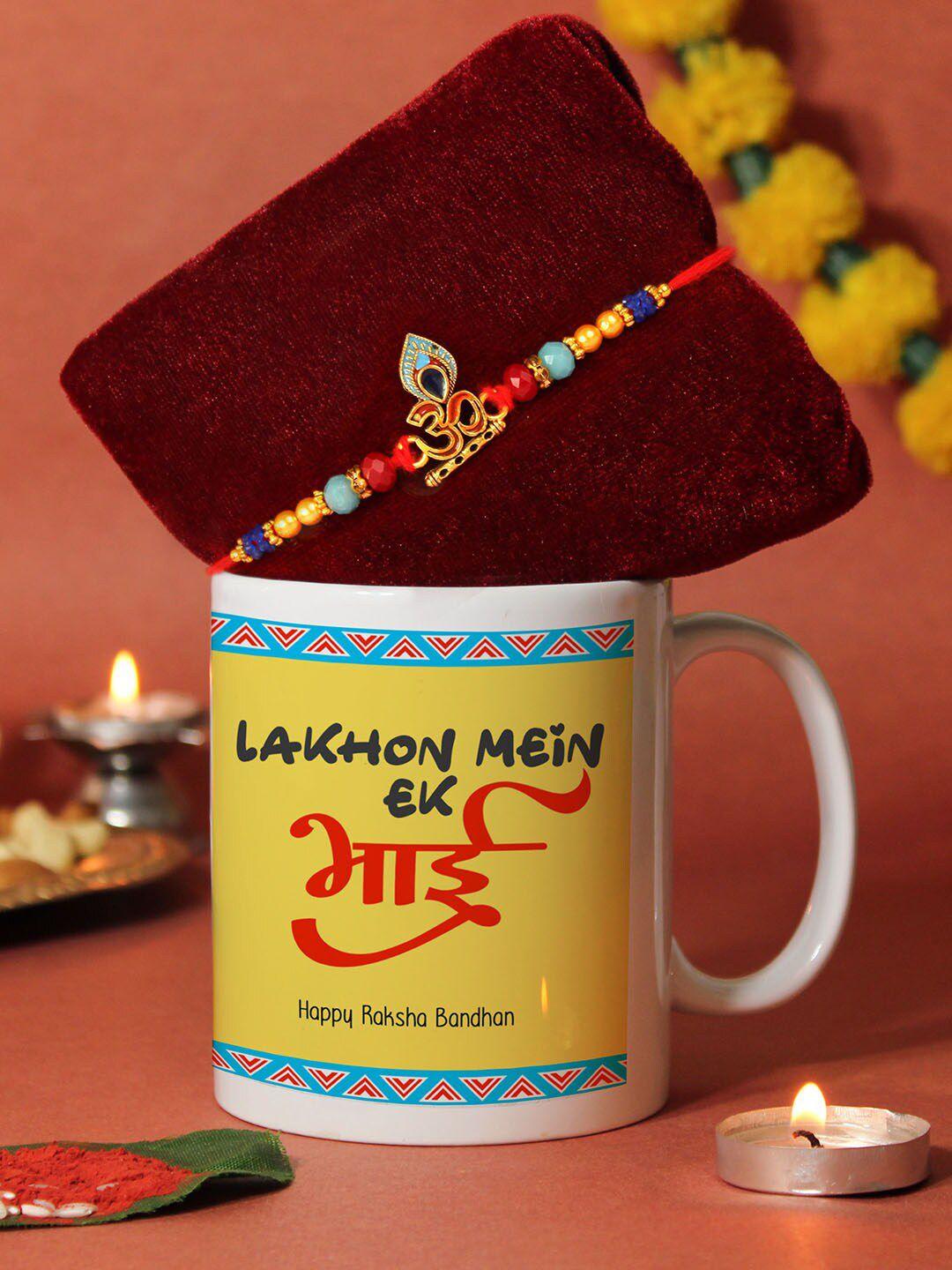 tied ribbons om rakhi with mug & card