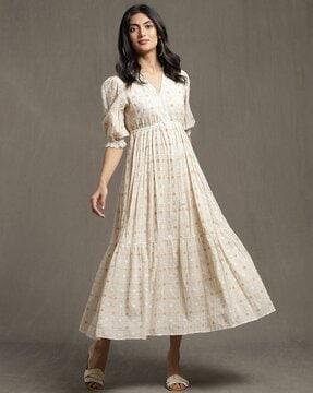 tiered a-line dress with woven motifs