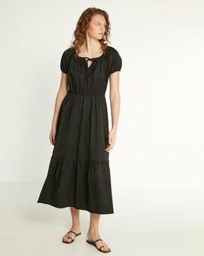 tiered dress with tie-up neck