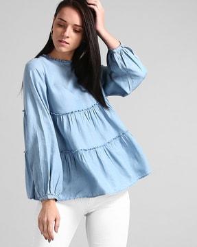 tiered top with cuffed sleeve hems