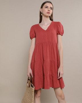 tiered v-neck dress with puff sleeves