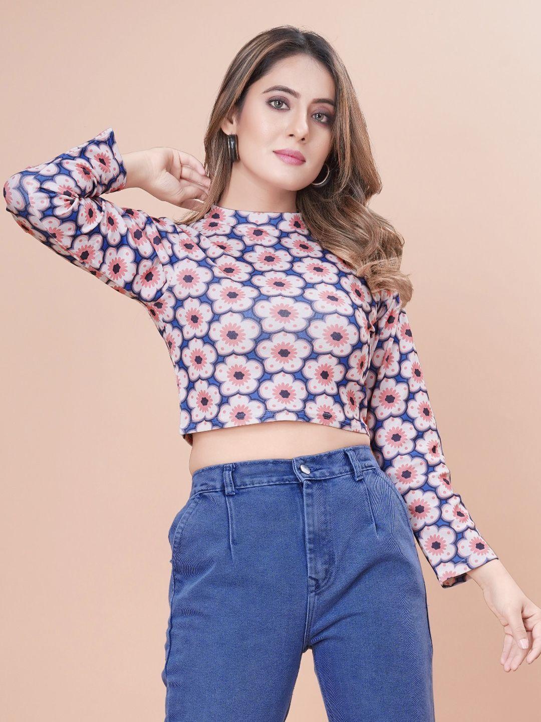 tiexa floral printed cotton fitted crop top