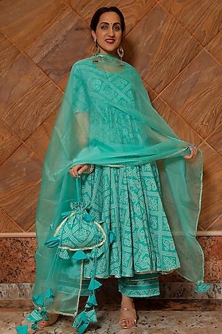 tiffany blue bandhej printed anarkali set