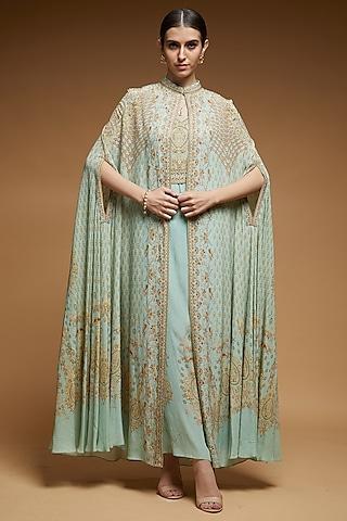 tiffany blue bemberg crepe digital printed cape with attached inner