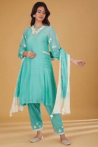 tiffany blue mul chanderi embroidered kurta set