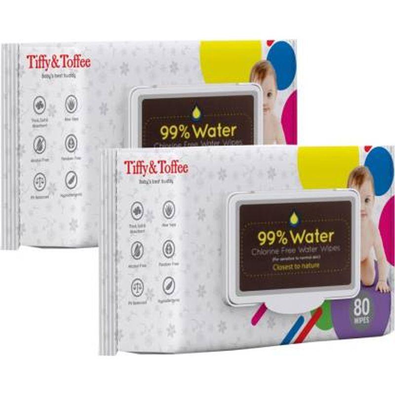 tiffy & toffee 99% water baby wet wipes (pack of 2 x 80's) 160 wipes