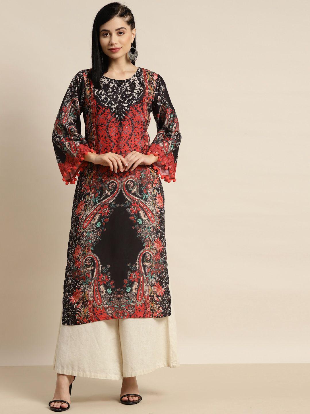 tikhi imli women black & red ethnic motifs printed pure cotton kurta