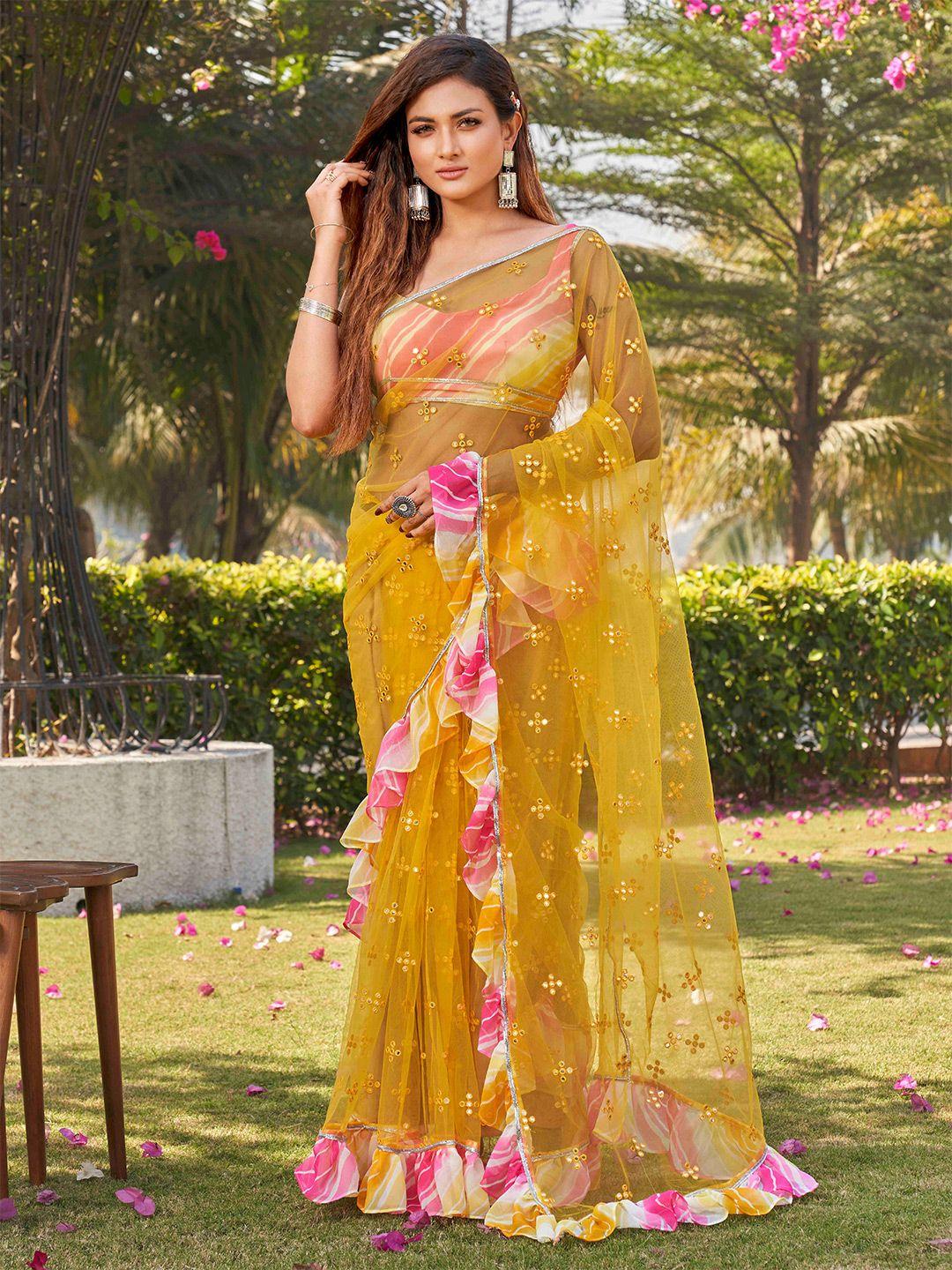 tikhi imli yellow embellished mirror work net ruffle saree