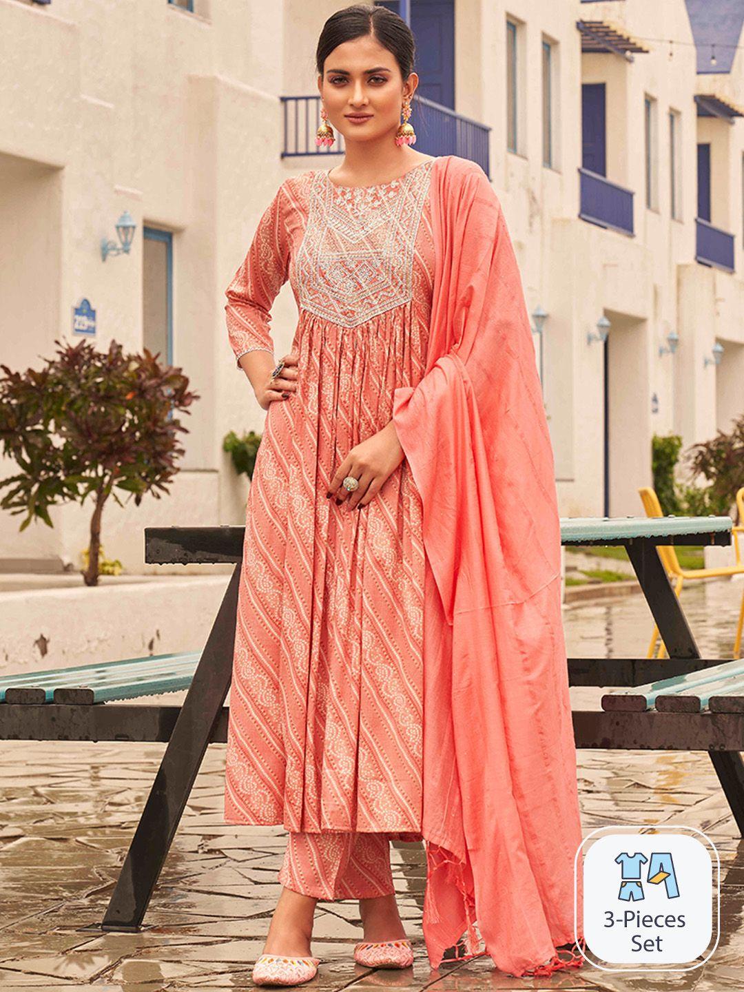 tikhi imli bandhani printed pleated sequinned kurta with trousers & dupatta