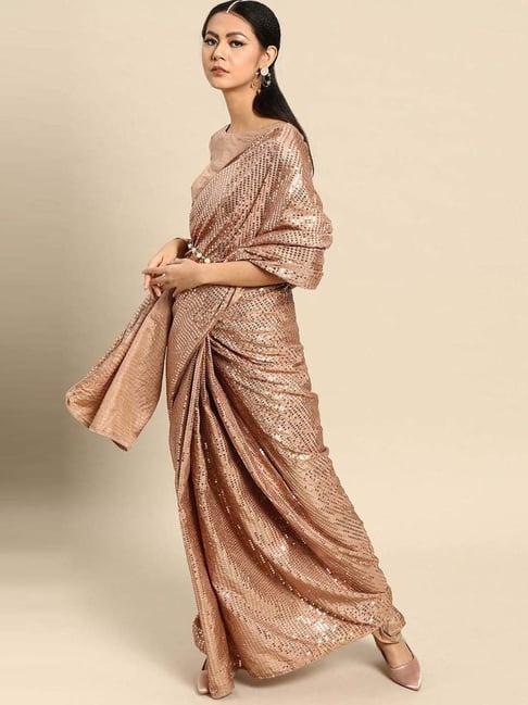 tikhi imli beige embellished saree with unstitched blouse