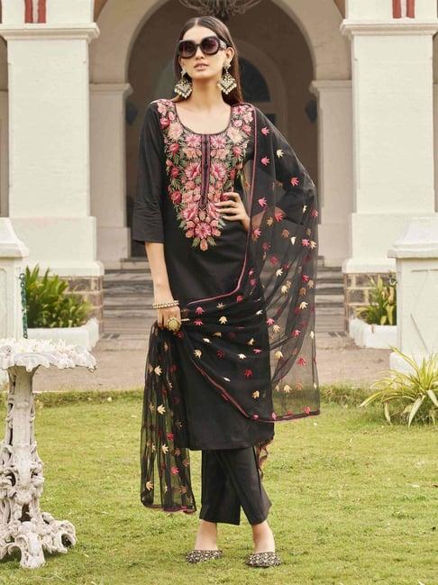 tikhi imli black cotton embroidered kurta pant set with dupatta